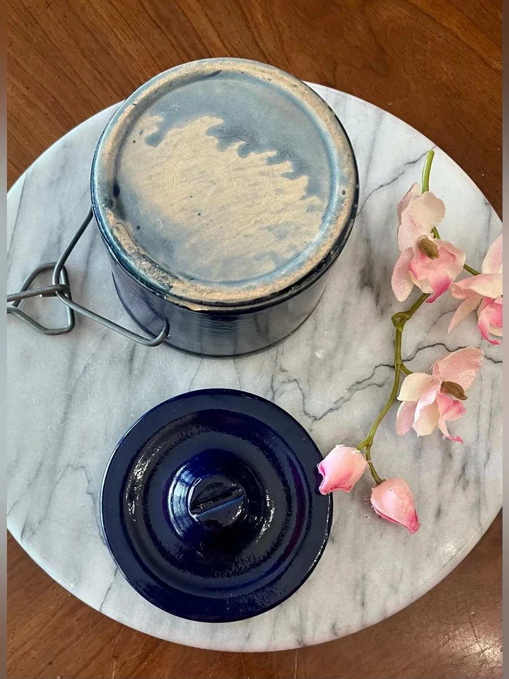 VTG Cobalt Blue Stoneware Cheese Crock w Wire Bail Lid, 1lb Med. Sz. Farmhouse